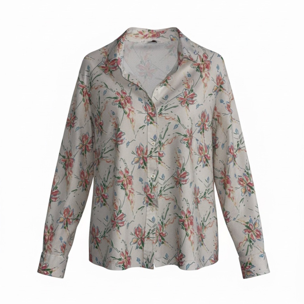 Vintage Sears Floral Print Button-Down‎ Cream Blouse Size 40 P2P 28"